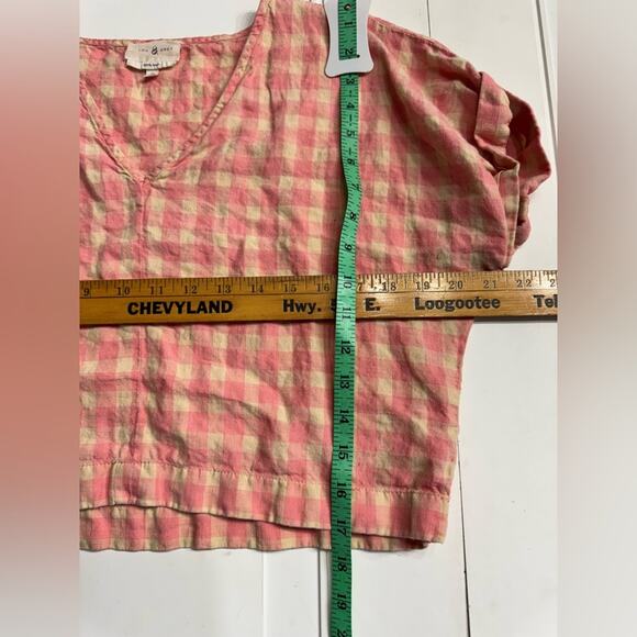Lou & Grey Pink Cream Plaid 100% Linen Blouse Crop Top Size S - Picture 4 of 5